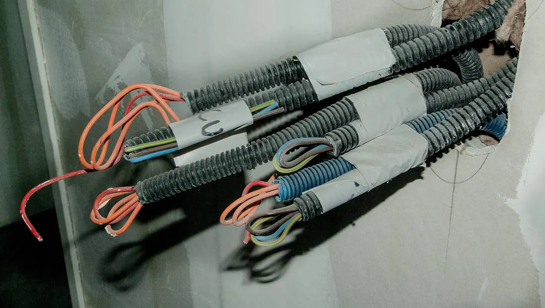 Cables saliendo de los tubos de una pared durante una instalación eléctrica